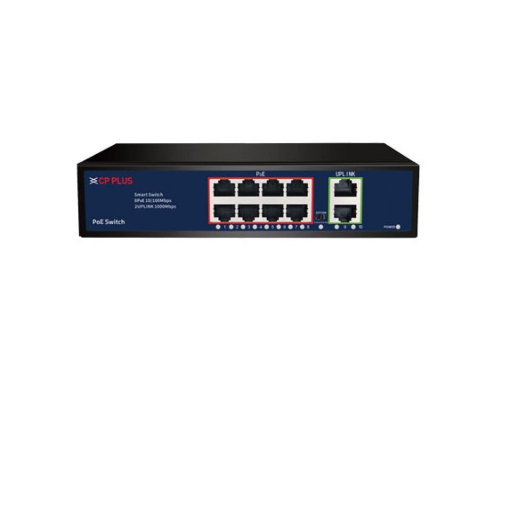 CP Plus 8 Ports Ethernet PoE Switch with 2 SFP Uplink Ports, 10/100 Mbps RJ45 Supports, CP-ANW-HPU8G2-N12