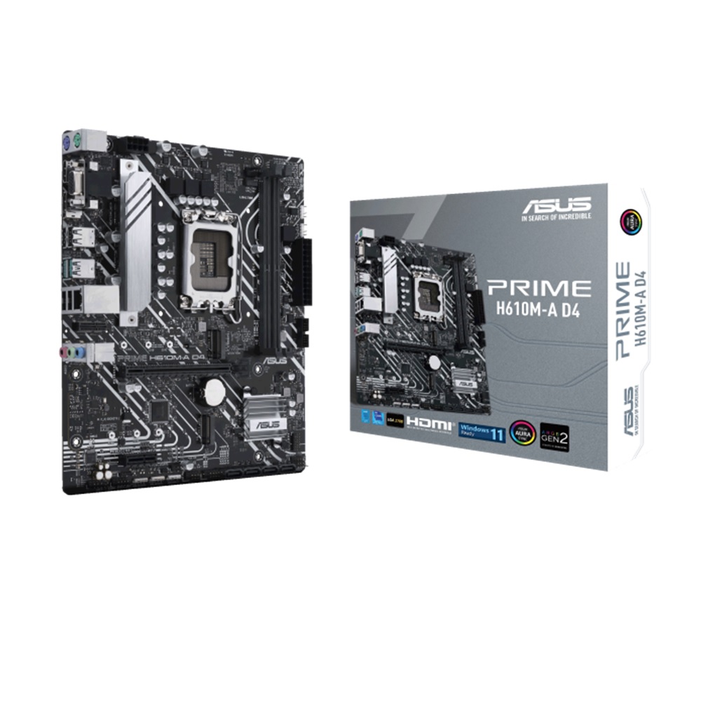 Asus  Prime H610M-A D4 Motherboard with intel H610 Chipset, LGA 1700 for 12th Gen Processor, Aura RGB headers, PS/2, USB, Display, 2 x HDMI, D-Sub, Ethernet, Audio Ports and 2 x DIMM DDR4 3200, 2 x M.2, PCIe 4.0/3.0 Slots